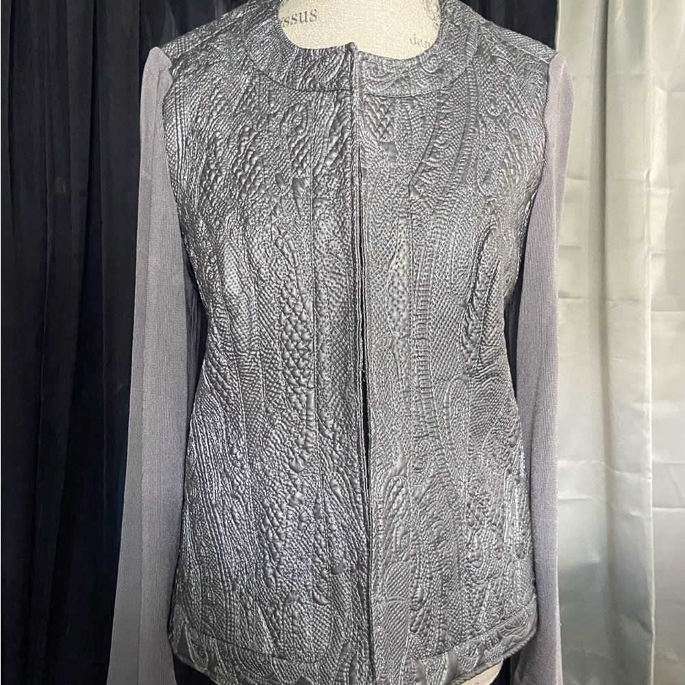 Peter Nygard Silver-Grey Textured Vegan Leather Jacket (M)